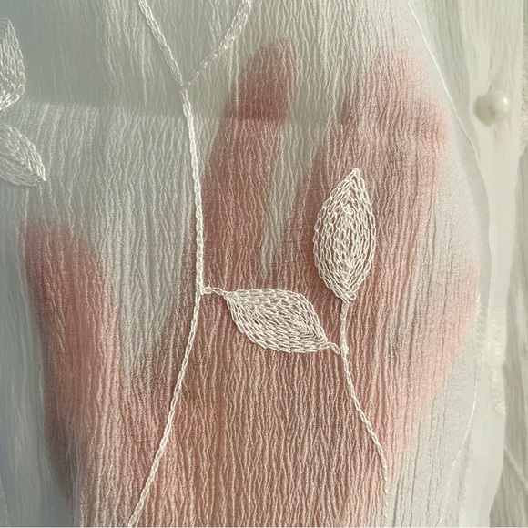 Elegant Sheer White Blouse with Leaf Embroidery - Picture 7 of 10